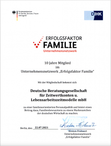 Mitgliedsurkunde der DBZWK im Unternehmensnetzwerk "Erfolgsfaktor Familie"